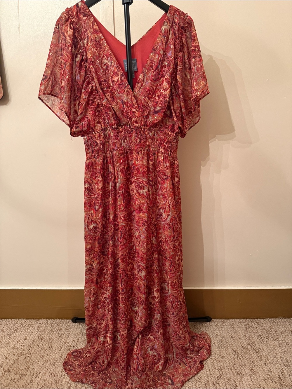 Rabbit Rabbit Rabbit Red Paisley V-Neck Maxi Dress with Flutter Sleeves